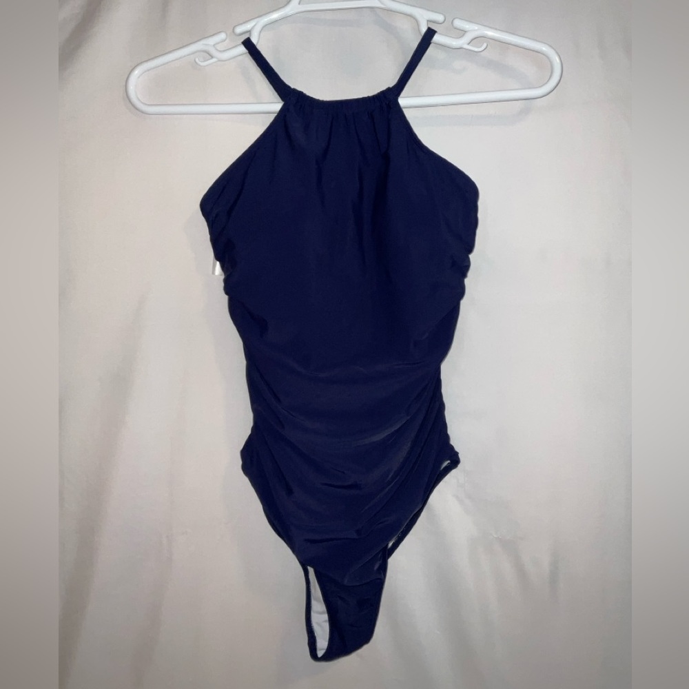 NWT Women’s Holipick High Neck 1-Piece Tummy Control Cross Back Swimsuit Navy M - Picture 3 of 9